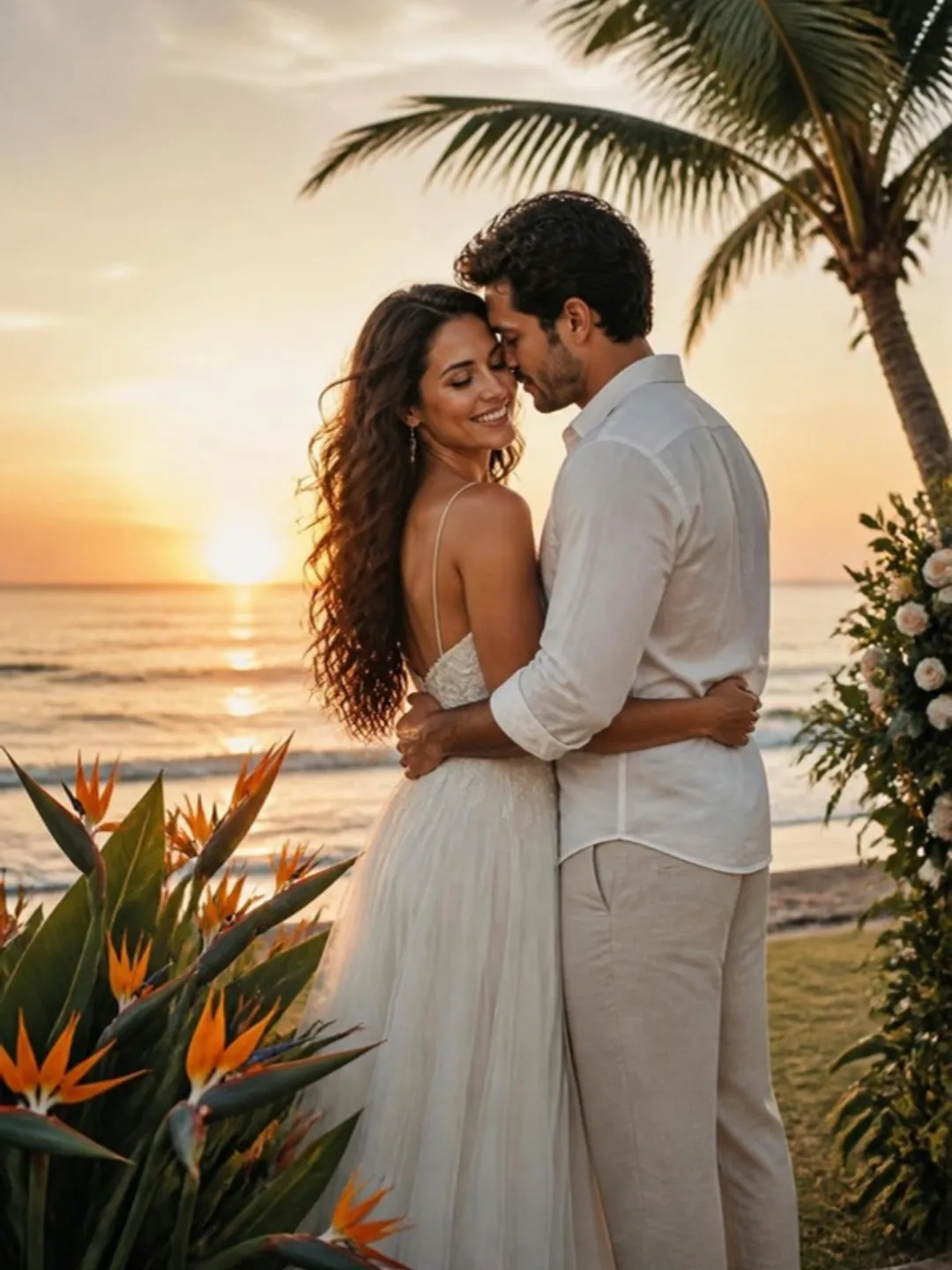 Pareja de novios frente al mar al atardecer