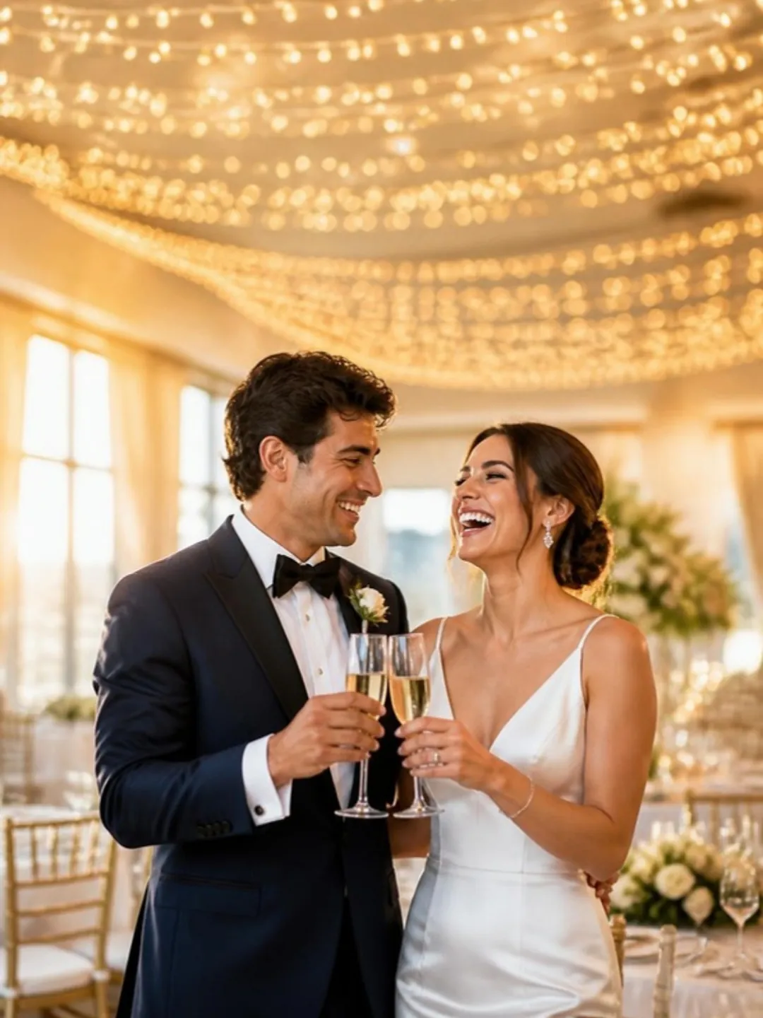Novios sonriendo en una celebración con luces