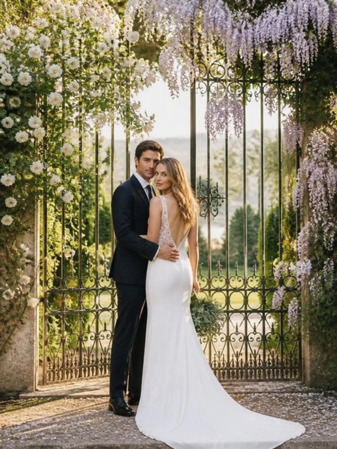 Novios en un jardín con flores