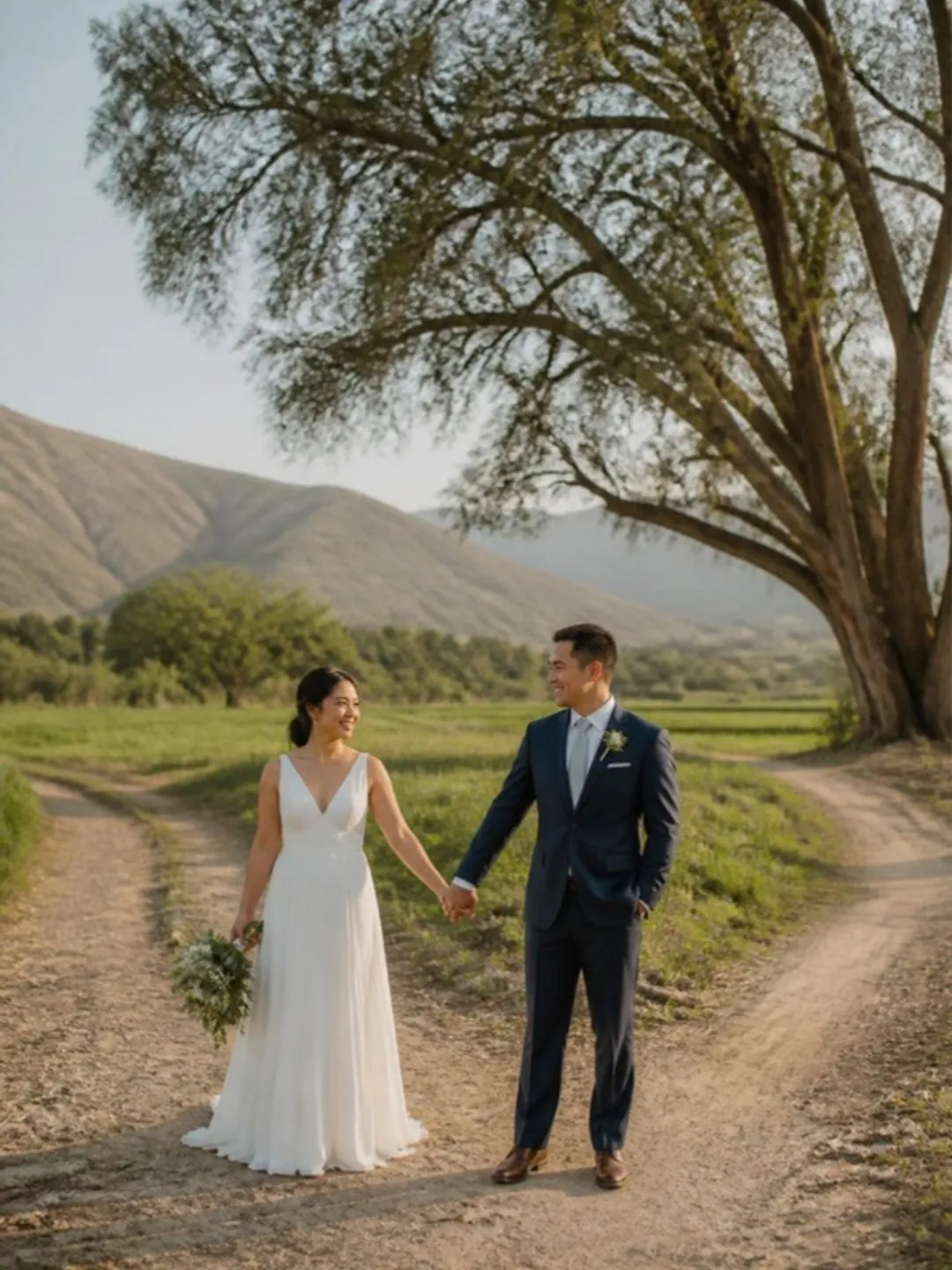 Novios caminando juntos en el campo
