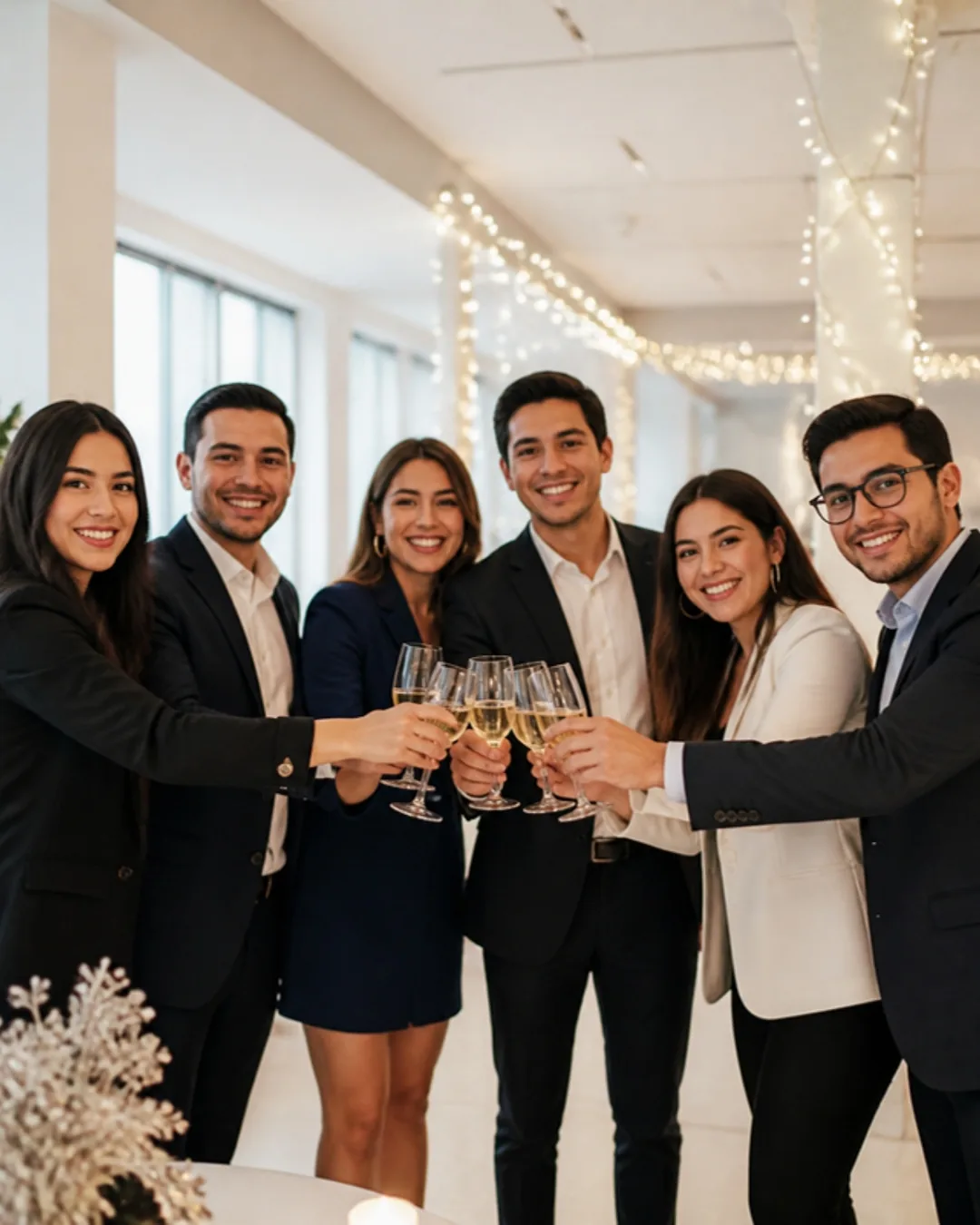 Equipo de trabajo brindando en una celebración de fin de año