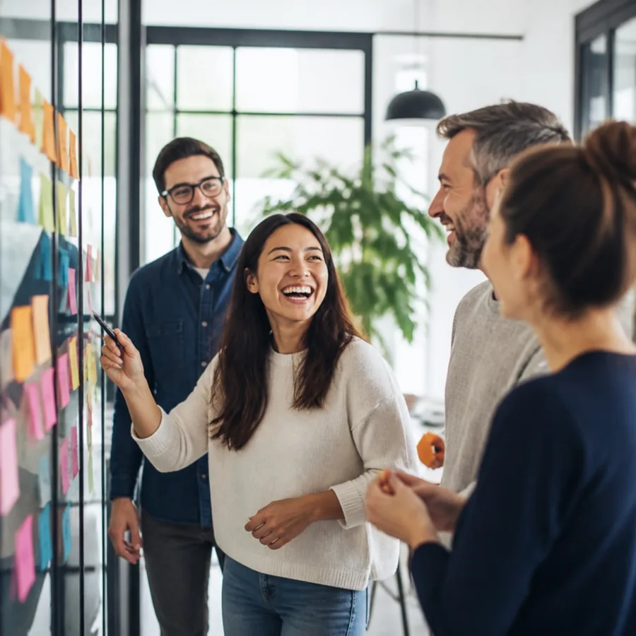 Equipo de trabajo conversando frente a una pizarra con notas