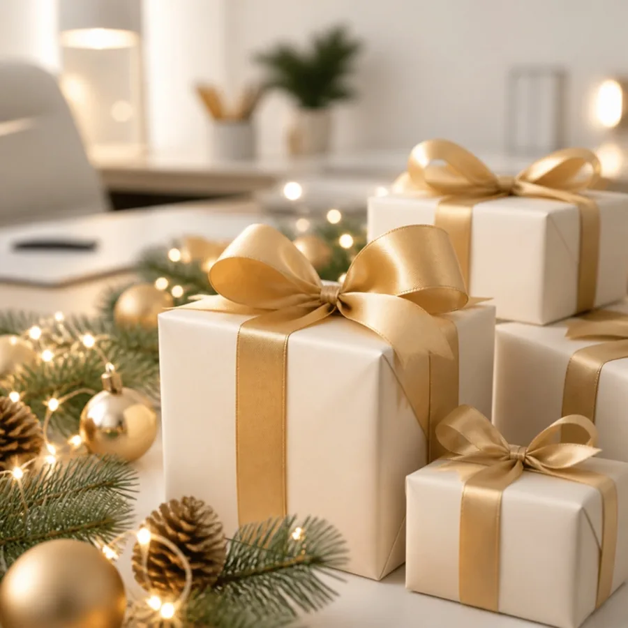 Cajas de regalo con cintas doradas junto a adornos de Navidad